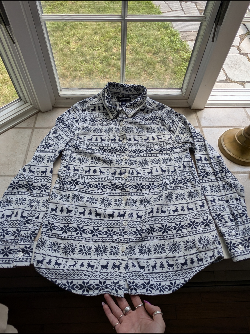 LandsEnd Navy & White Patterned Flannel Shirt